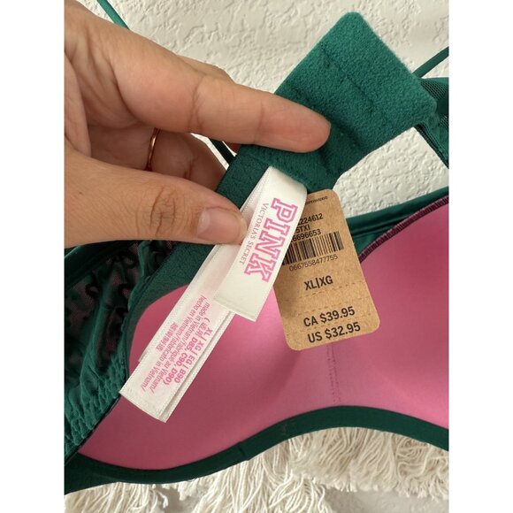 Victoria's Secret Pink Garnet Green Logo Push Up Flocked Mesh Bra Underwire NWT - Picture 5 of 6
